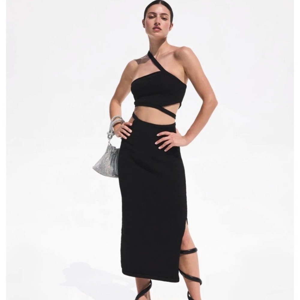 Cult Gaia Knit Two Piece Set Women S Black New One Shoulder Cutout Midi Skirt